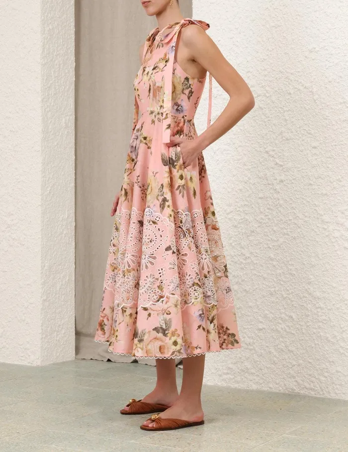 Women Clothing Zimmermann Acacia Broderie Midi Dress Pink Floral