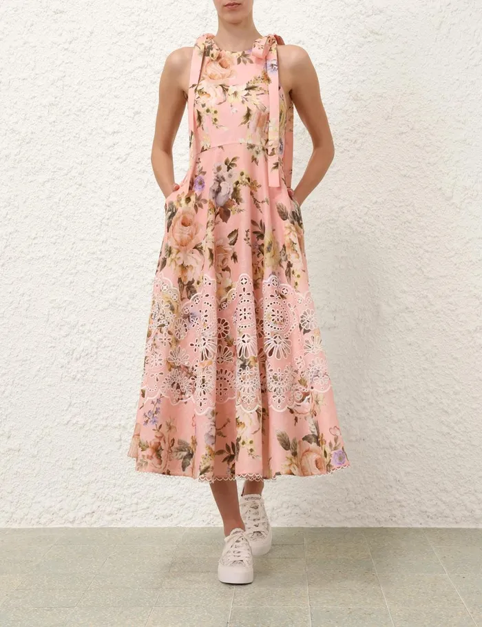 Women Clothing Zimmermann Acacia Broderie Midi Dress Pink Floral