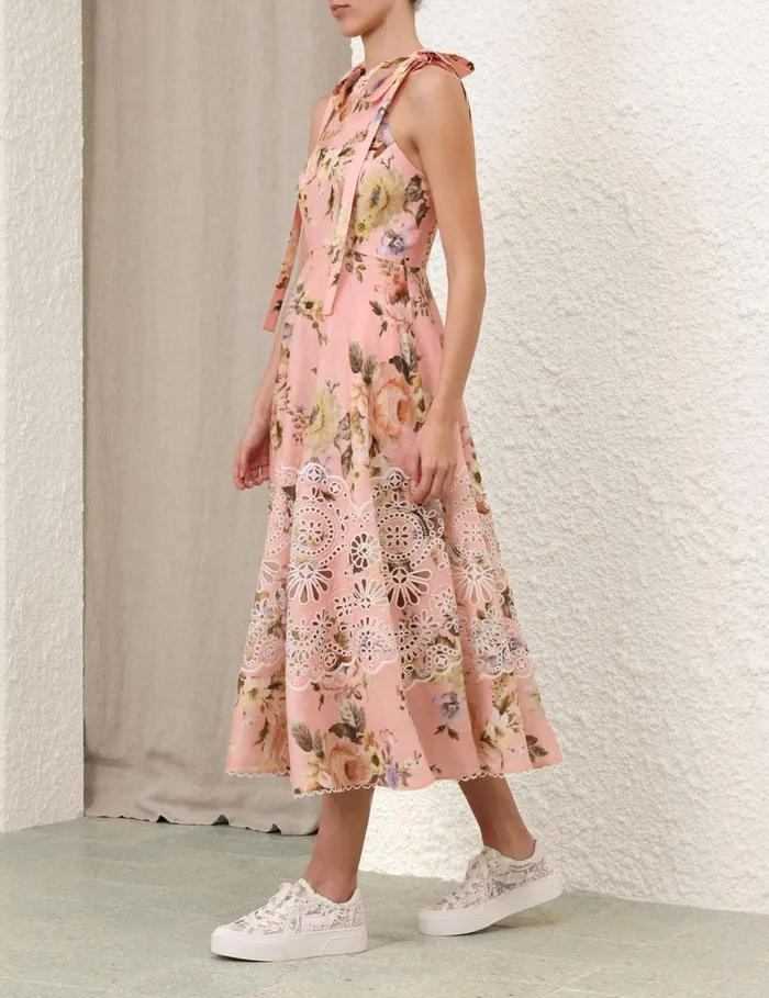 Women Clothing Zimmermann Acacia Broderie Midi Dress Pink Floral