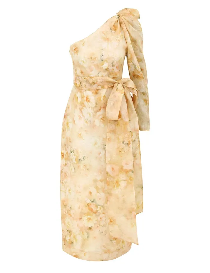 Women Clothing Zimmermann Crush Asymmetrical Midi Dress Yellow Floral