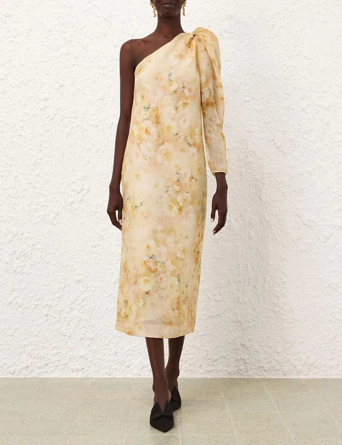Women Clothing Zimmermann Crush Asymmetrical Midi Dress Yellow Floral