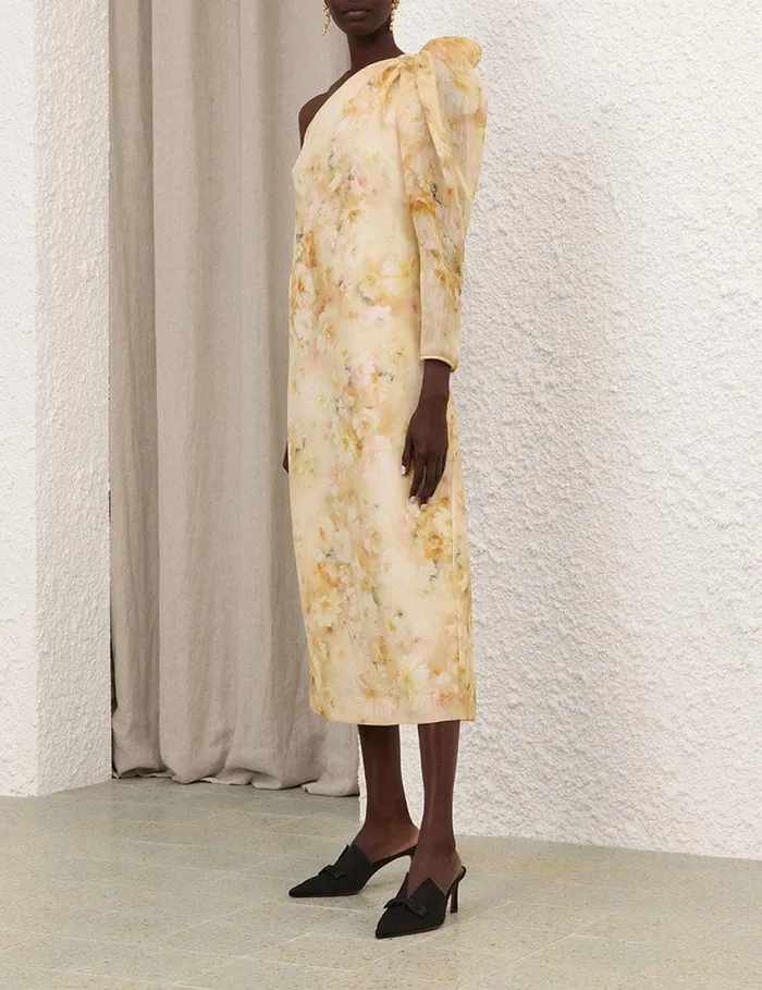 Women Clothing Zimmermann Crush Asymmetrical Midi Dress Yellow Floral