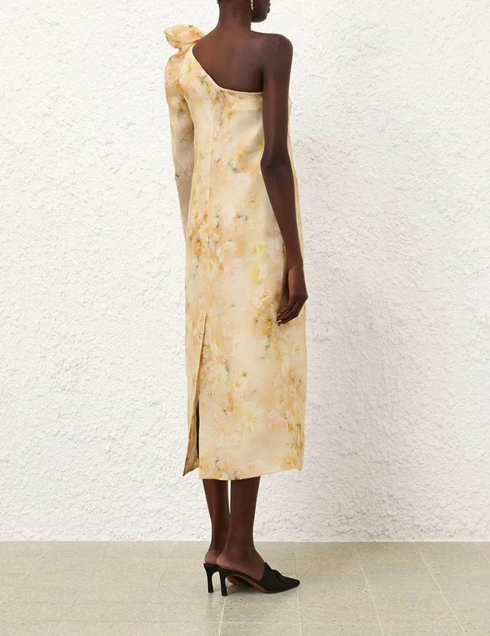 Women Clothing Zimmermann Crush Asymmetrical Midi Dress Yellow Floral