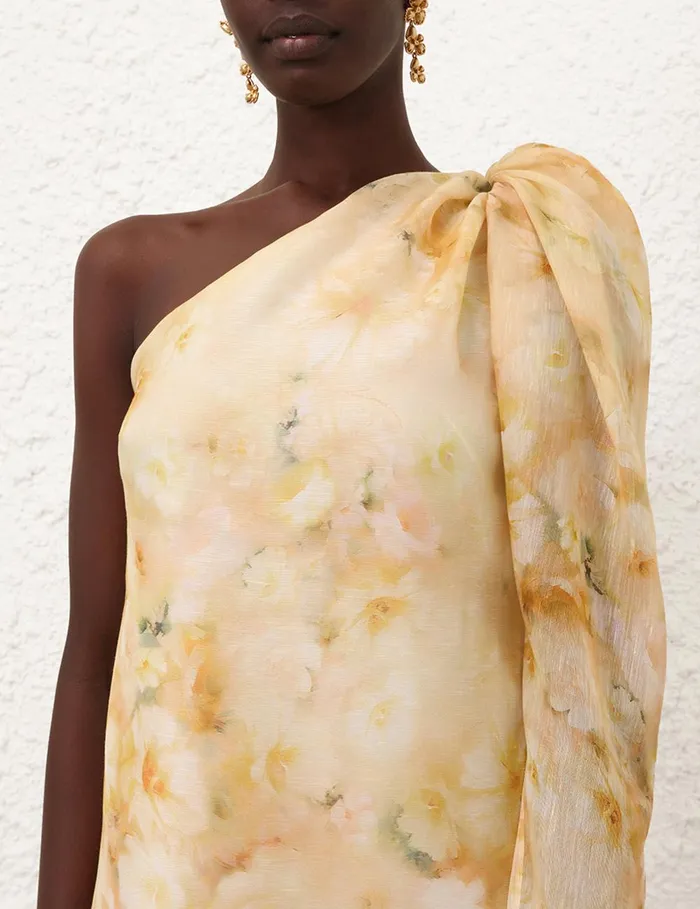 Women Clothing Zimmermann Crush Asymmetrical Midi Dress Yellow Floral