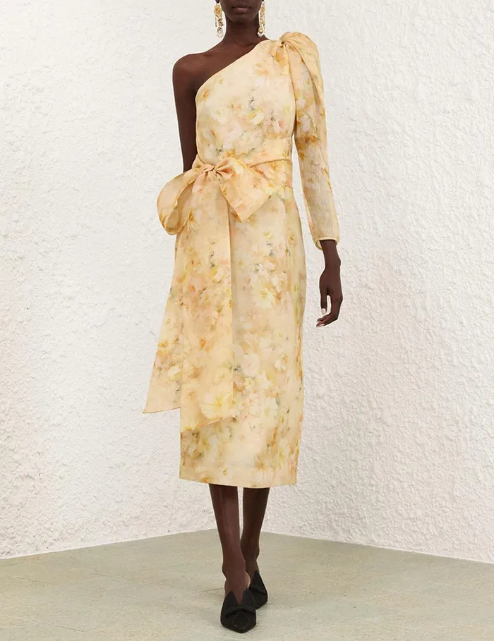 Women Clothing Zimmermann Crush Asymmetrical Midi Dress Yellow Floral