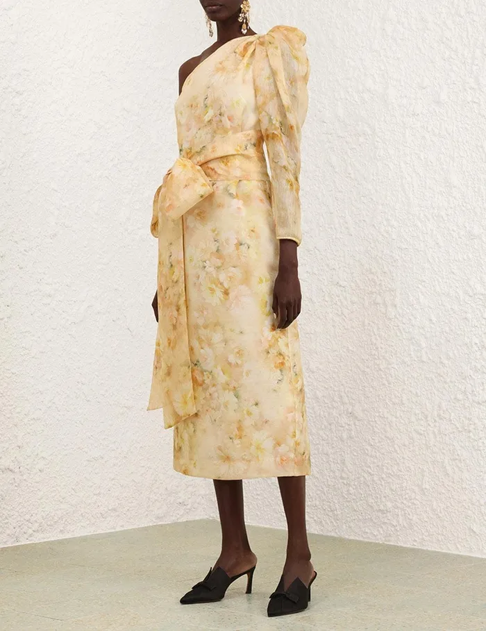 Women Clothing Zimmermann Crush Asymmetrical Midi Dress Yellow Floral
