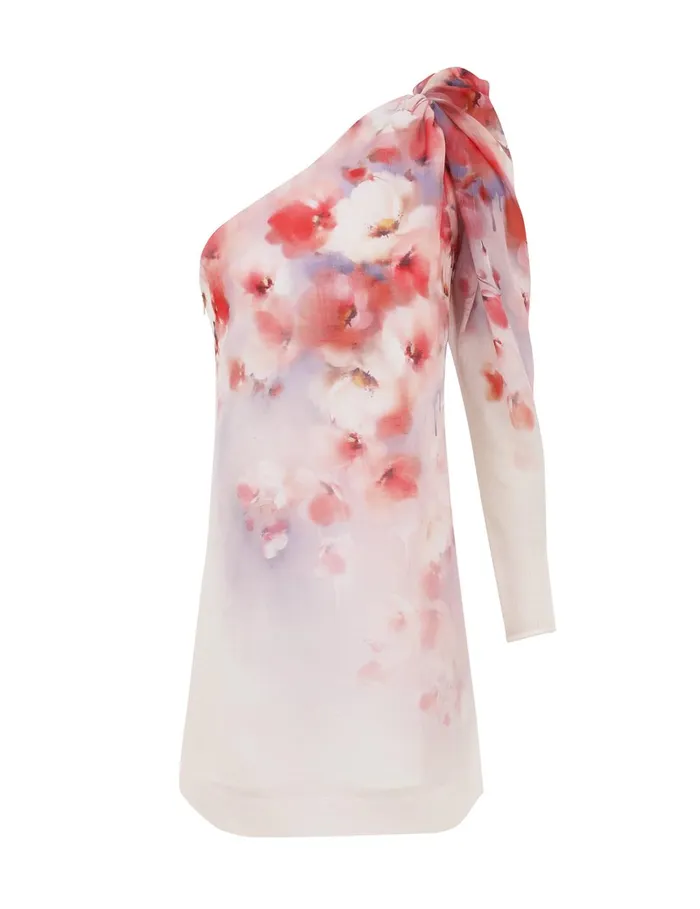 Women Clothing Zimmermann Crush Asymmetrical Mini Dress Scarlet Floral