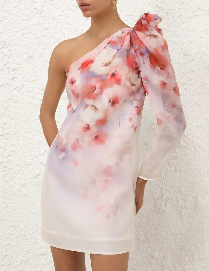 Women Clothing Zimmermann Crush Asymmetrical Mini Dress Scarlet Floral