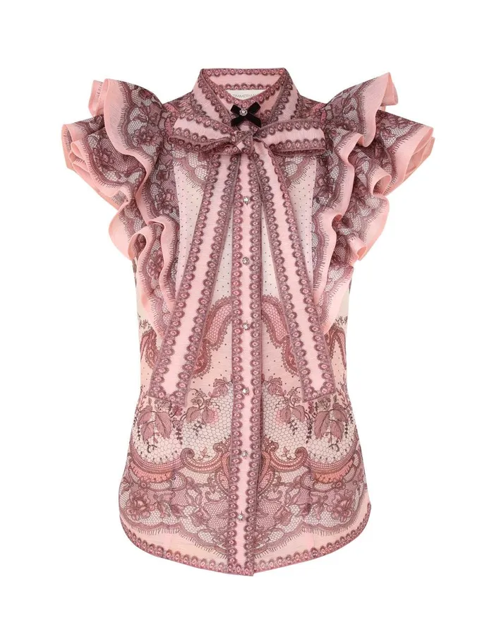 Women Clothing Zimmermann Crush Frilled Fitted Blouse Pink Lace Print