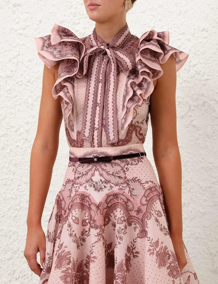 Women Clothing Zimmermann Crush Frilled Fitted Blouse Pink Lace Print