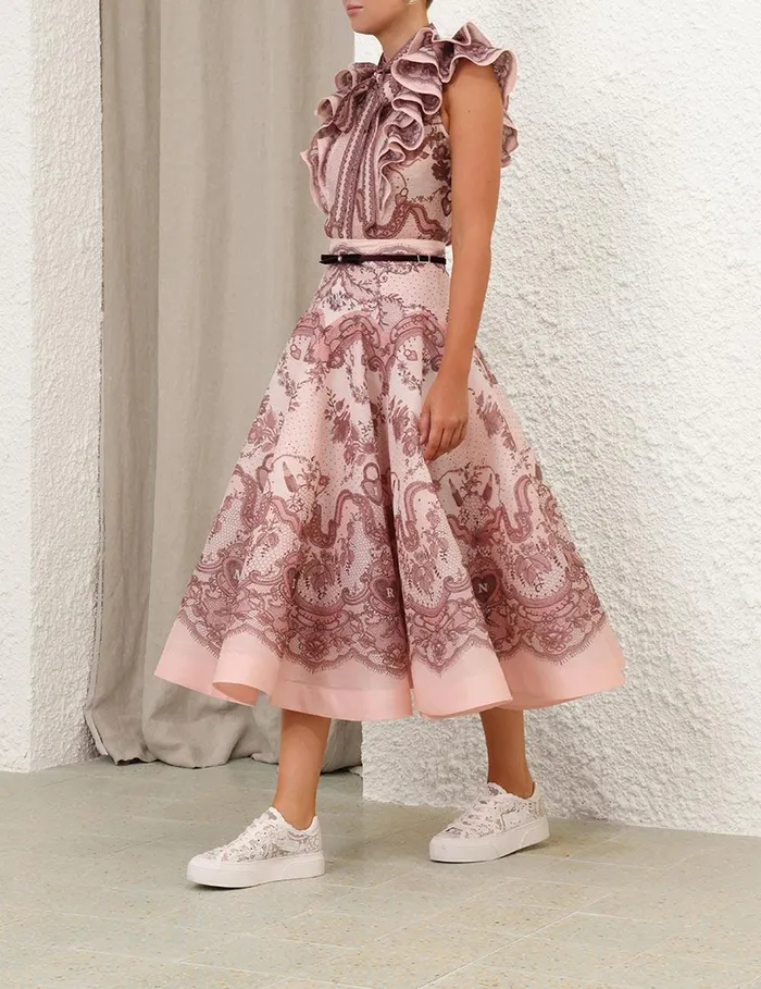 Women Clothing Zimmermann Crush Frilled Fitted Blouse Pink Lace Print