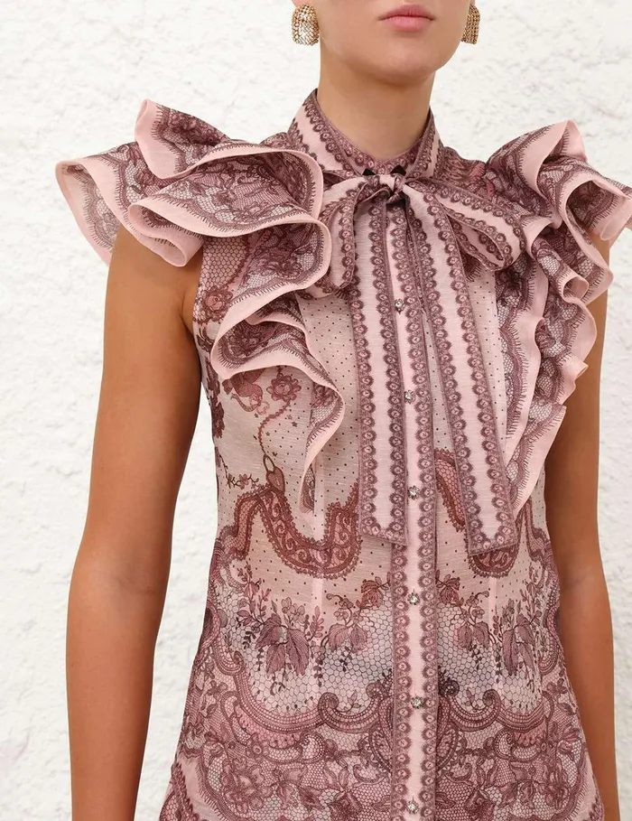 Women Clothing Zimmermann Crush Frilled Fitted Blouse Pink Lace Print