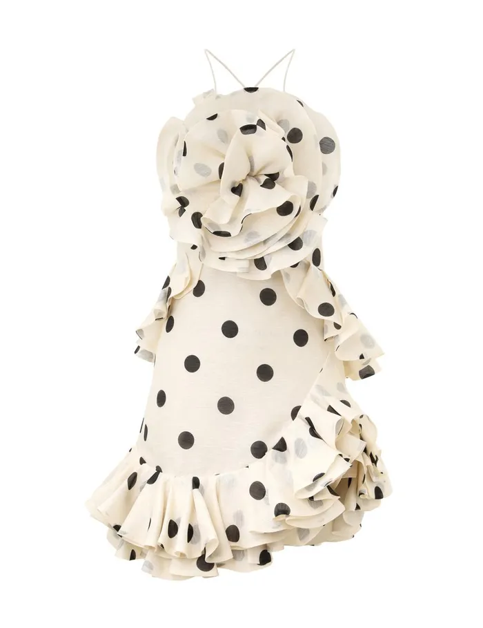 Women Clothing Zimmermann Crush Ruffle Halter Mini Dress Creamblack Dot