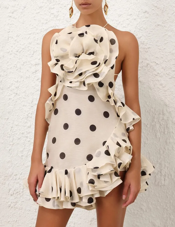 Women Clothing Zimmermann Crush Ruffle Halter Mini Dress Creamblack Dot