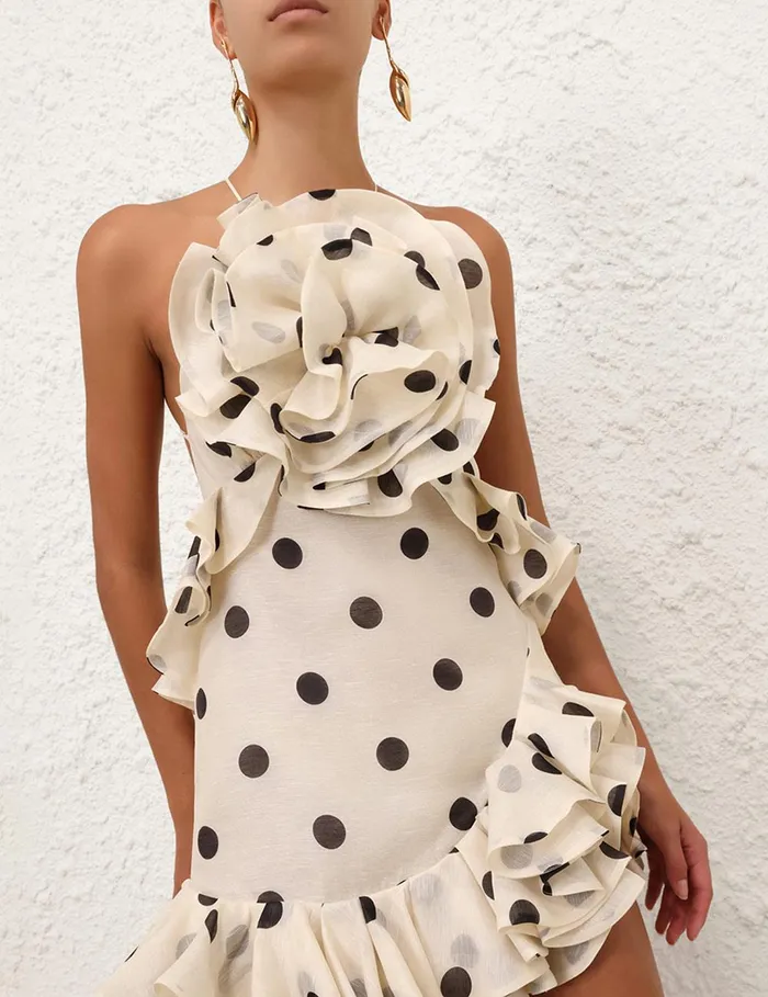 Women Clothing Zimmermann Crush Ruffle Halter Mini Dress Creamblack Dot