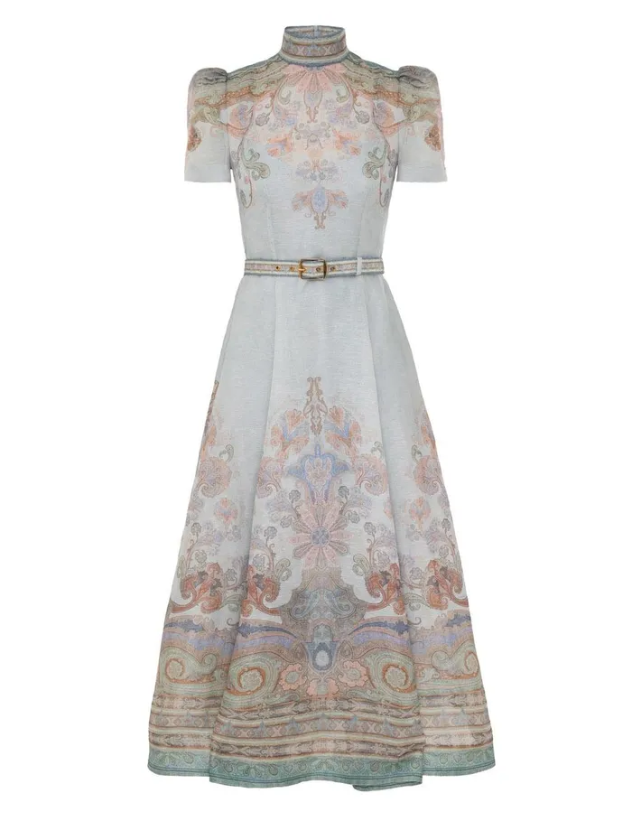 Women Clothing Zimmermann Eden Belted Midi Dress Blue Paisley