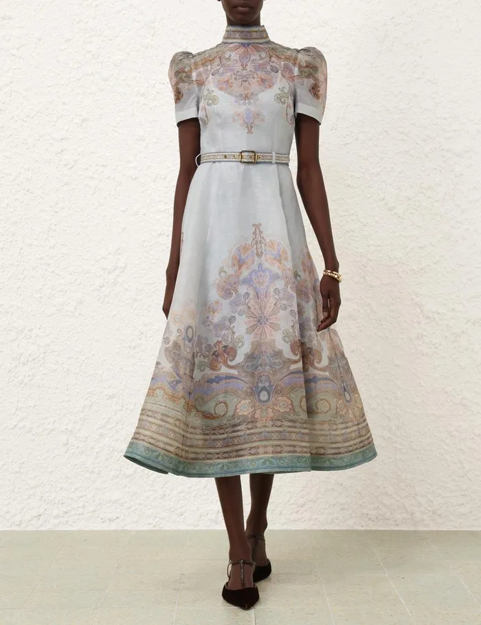 Women Clothing Zimmermann Eden Belted Midi Dress Blue Paisley