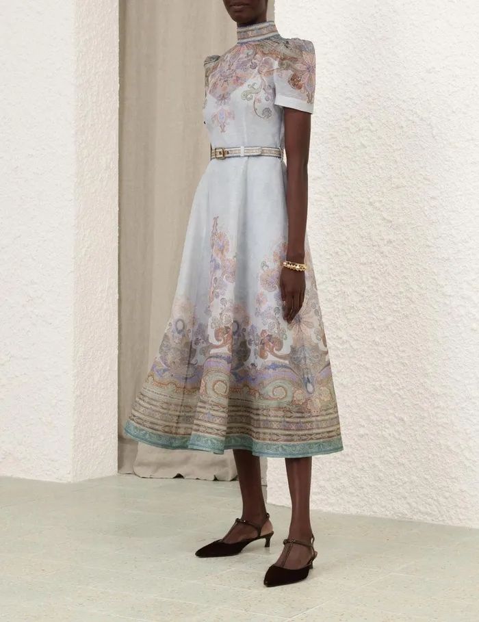 Women Clothing Zimmermann Eden Belted Midi Dress Blue Paisley