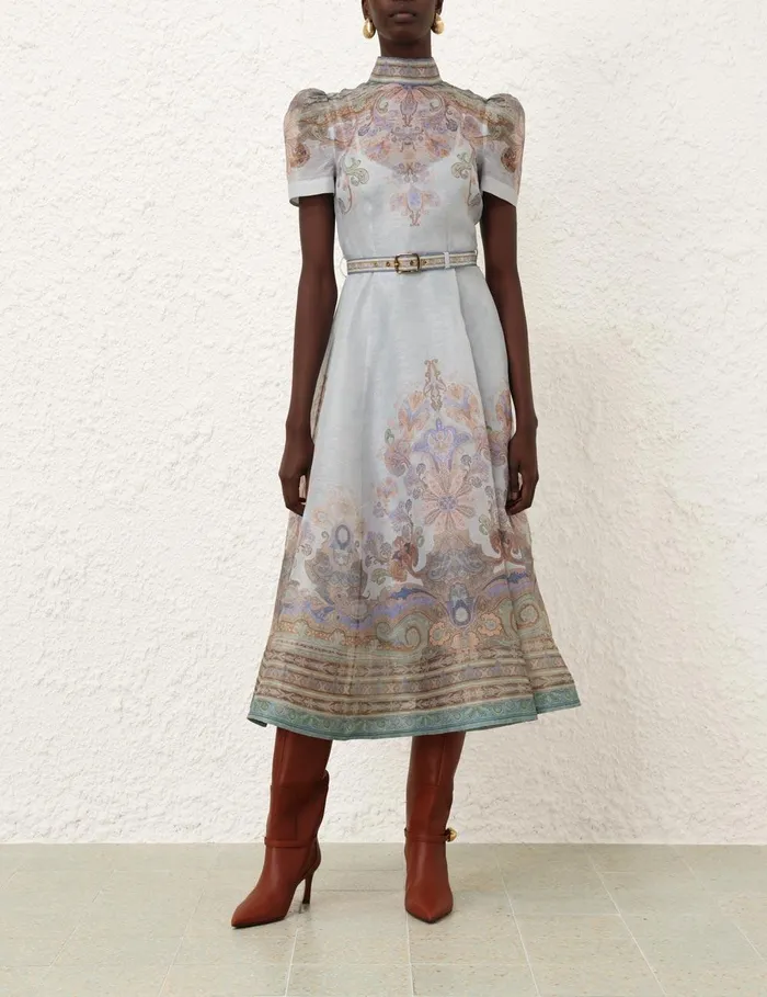 Women Clothing Zimmermann Eden Belted Midi Dress Blue Paisley