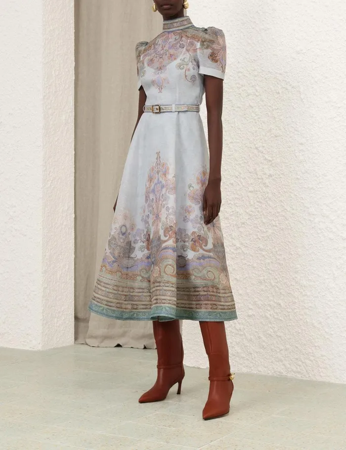 Women Clothing Zimmermann Eden Belted Midi Dress Blue Paisley