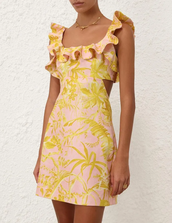 Women Clothing Zimmermann Golden Ruffle Mini Dress Pinkgold Floral