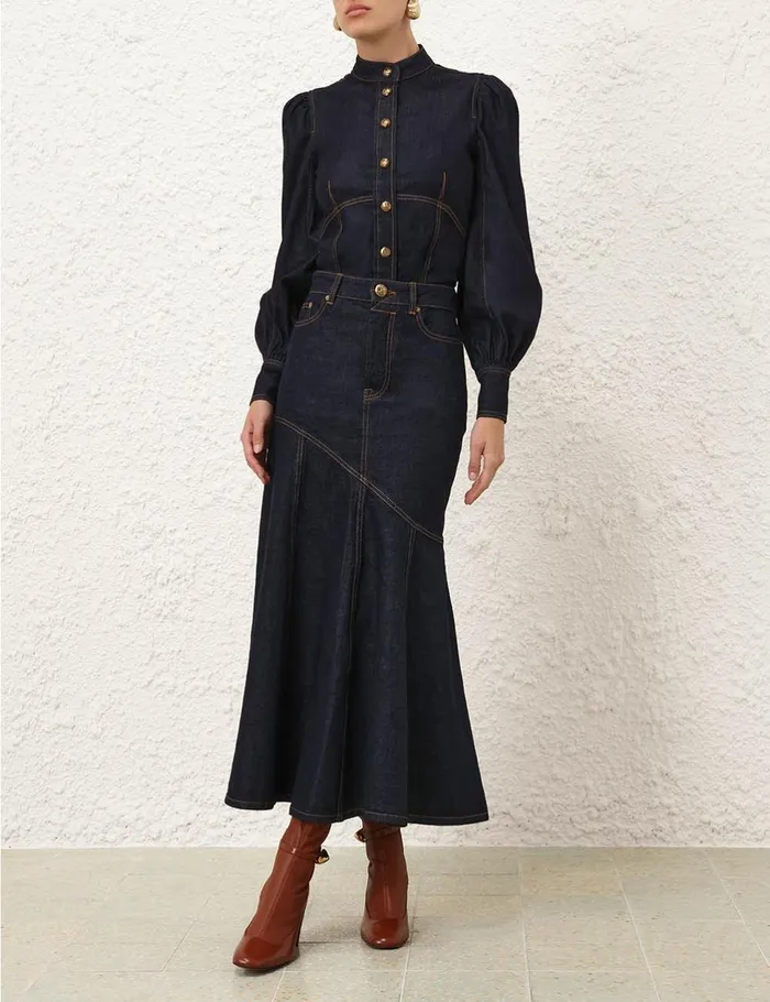 Women Clothing Zimmermann Illustration Denim Midi Skirt Night Sky