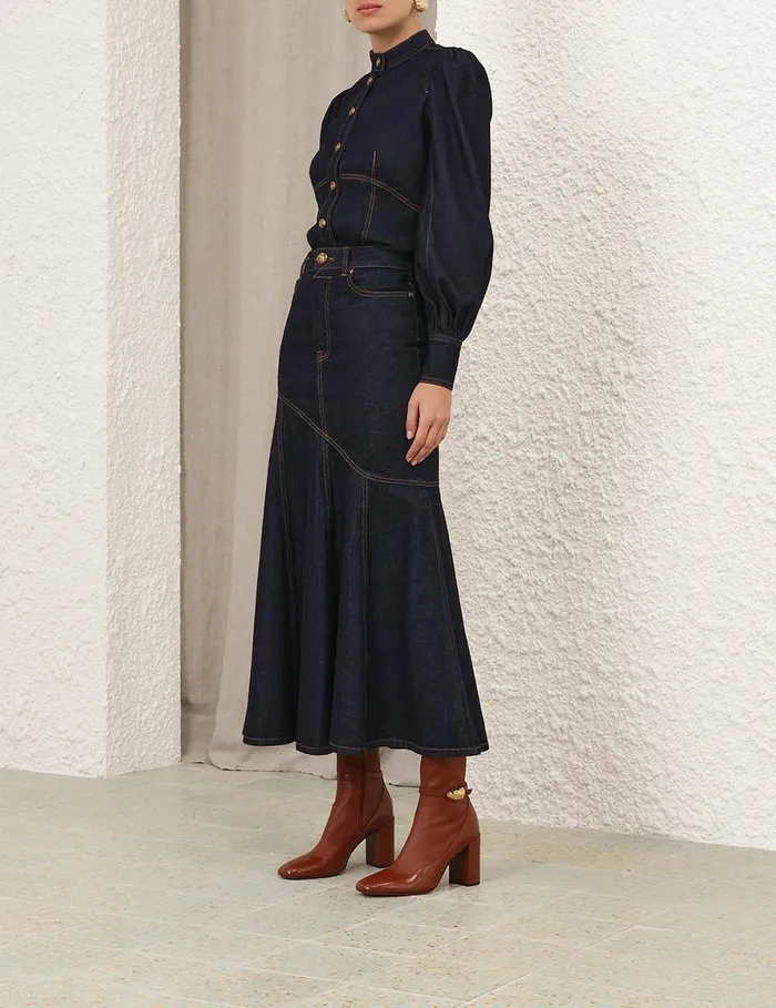 Women Clothing Zimmermann Illustration Denim Midi Skirt Night Sky