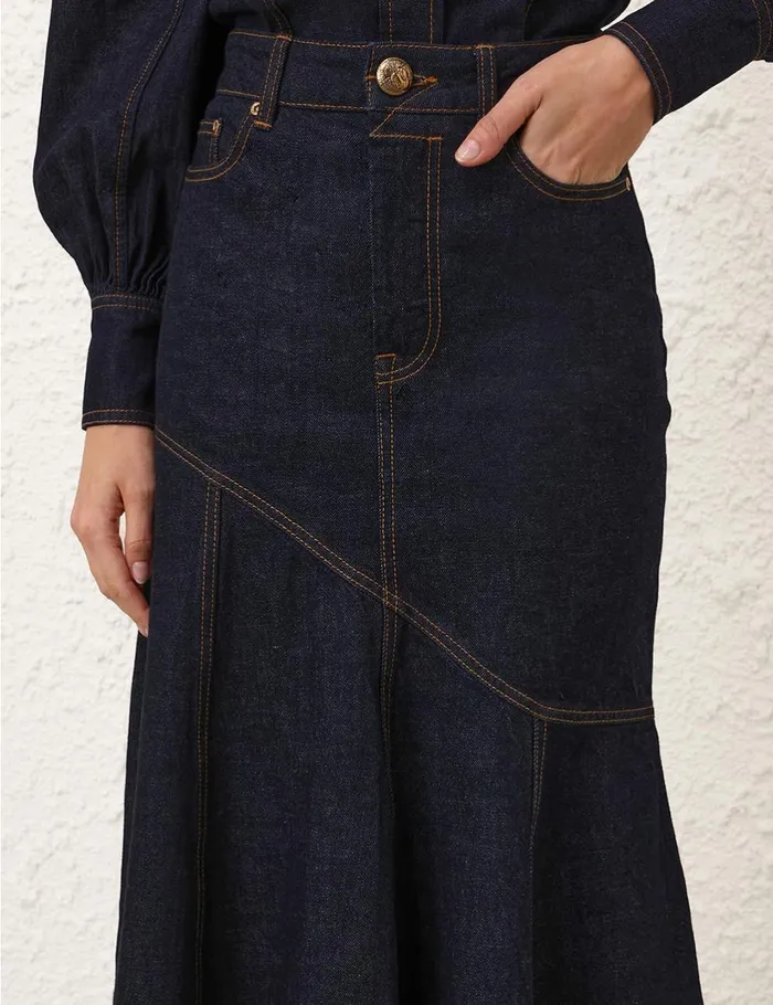Women Clothing Zimmermann Illustration Denim Midi Skirt Night Sky
