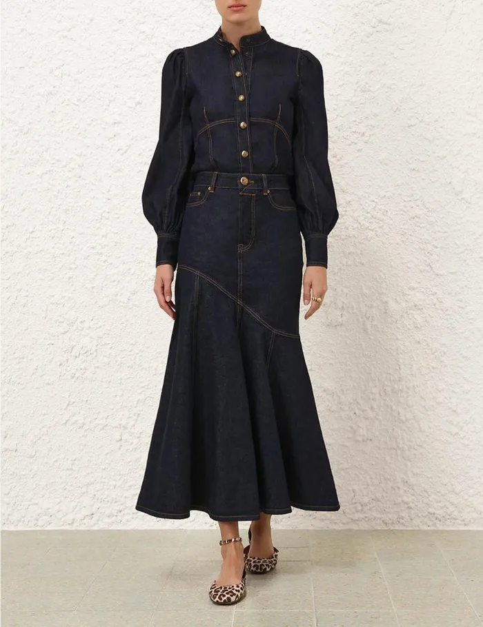 Women Clothing Zimmermann Illustration Denim Midi Skirt Night Sky