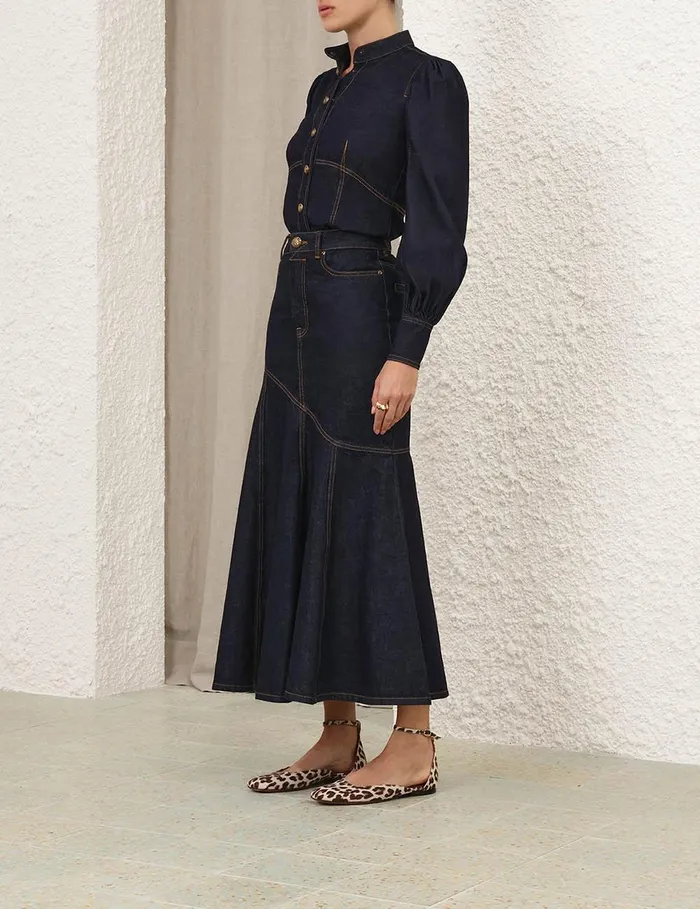 Women Clothing Zimmermann Illustration Denim Midi Skirt Night Sky