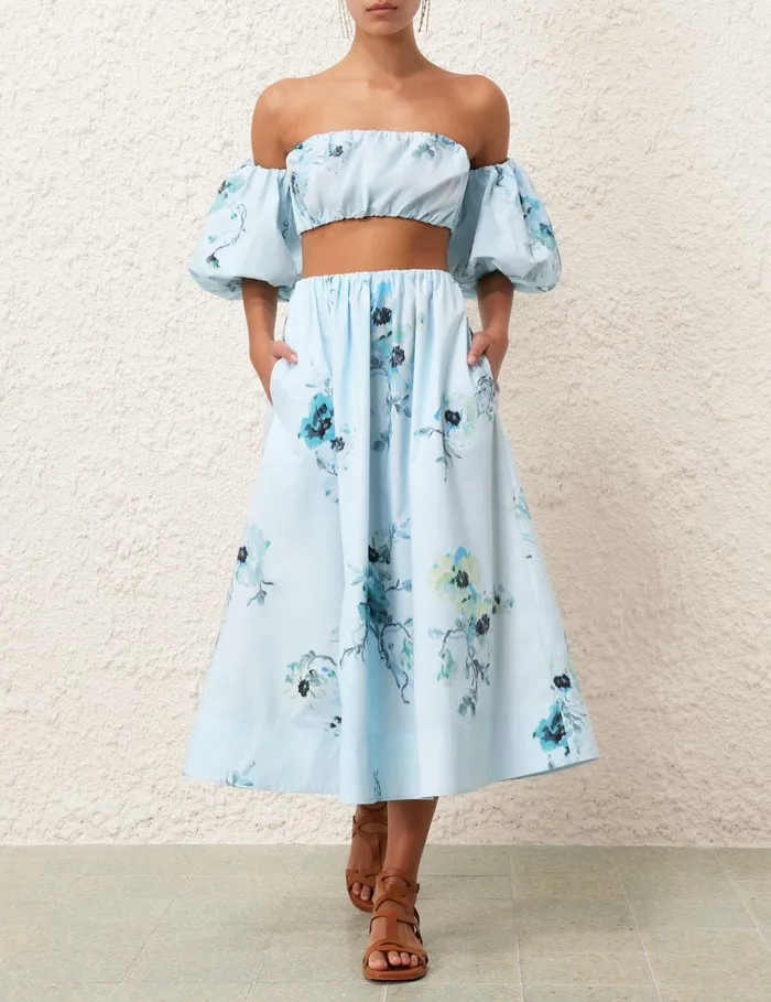 Women Clothing Zimmermann Lightburst Gathered Midi Skirt Aqua Floral