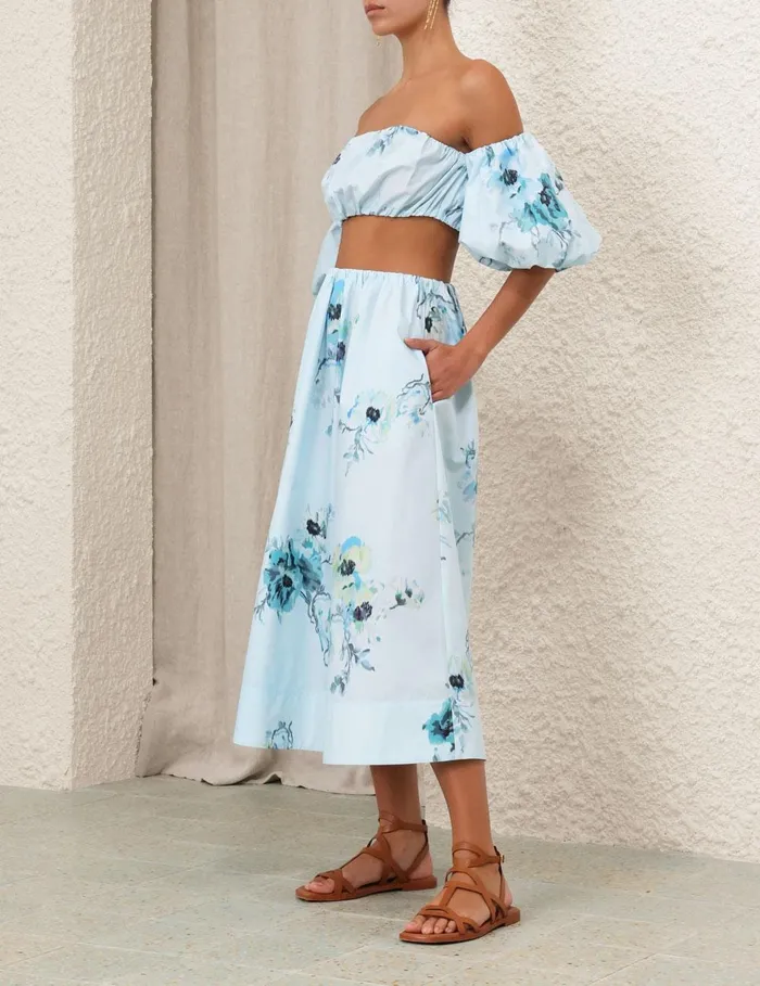 Women Clothing Zimmermann Lightburst Gathered Midi Skirt Aqua Floral