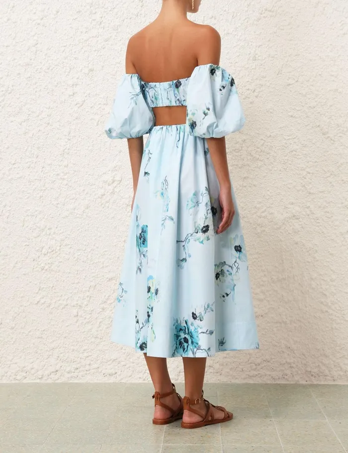 Women Clothing Zimmermann Lightburst Gathered Midi Skirt Aqua Floral
