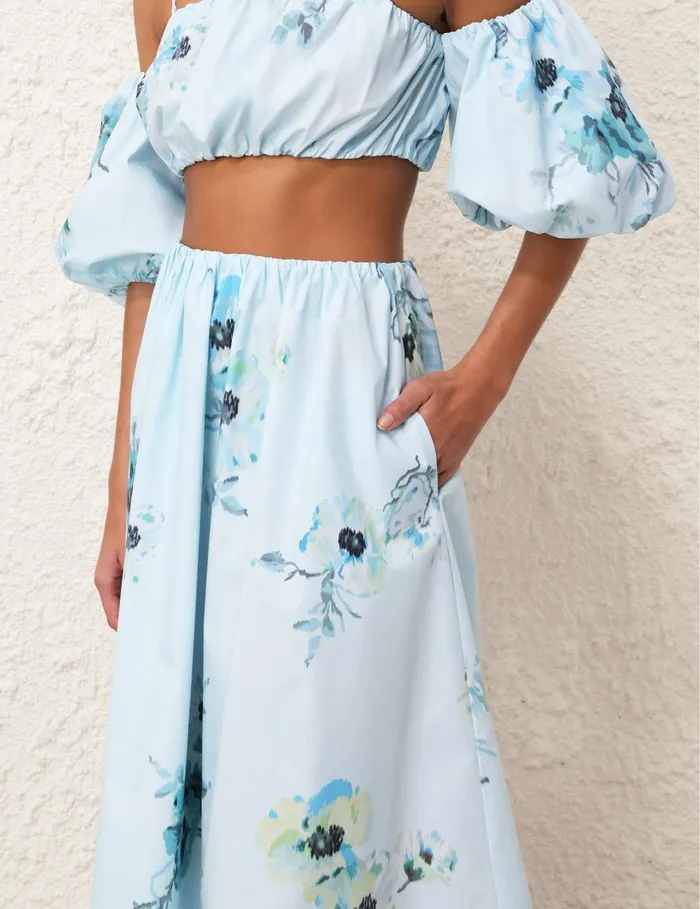 Women Clothing Zimmermann Lightburst Gathered Midi Skirt Aqua Floral