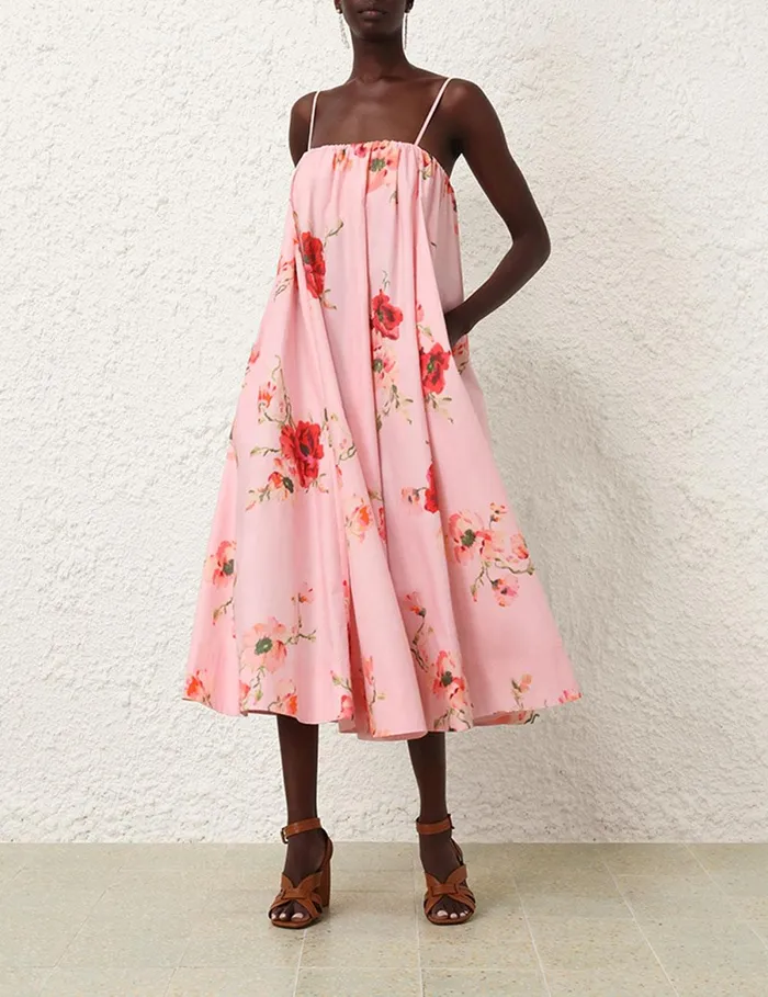 Women Clothing Zimmermann Lightburst Puff Midi Dress Red Floral