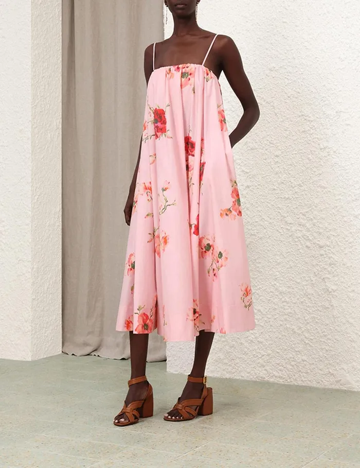Women Clothing Zimmermann Lightburst Puff Midi Dress Red Floral