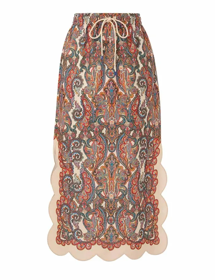 Women Clothing Zimmermann Ottie Scallop Midi Skirt Multi Paisley