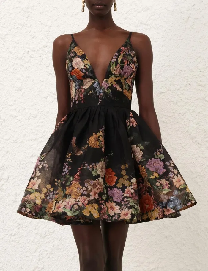 Women Clothing Zimmermann Pavilion V Neck Mini Dress Black Multi Floral