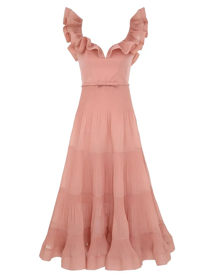 Women Clothing Zimmermann Pleated Frill Midi Dress Lipstick