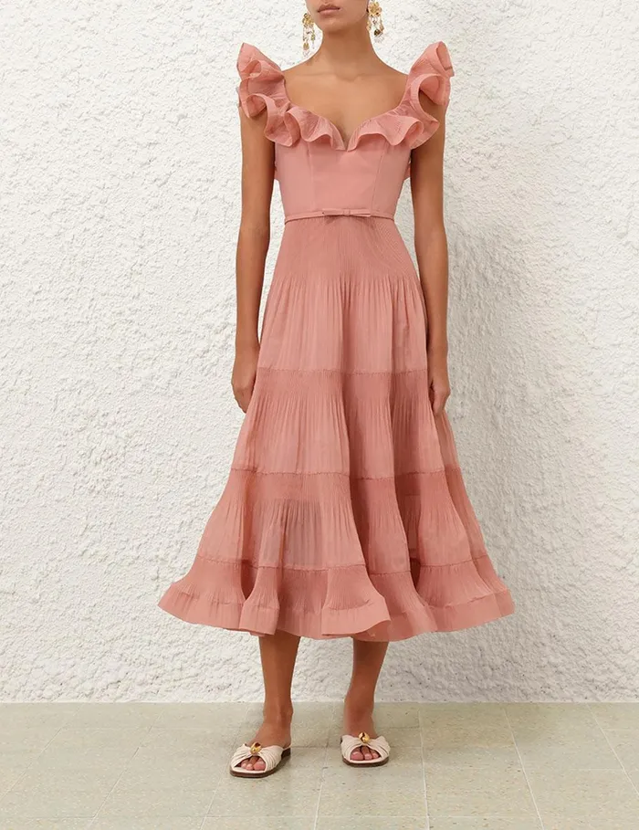 Women Clothing Zimmermann Pleated Frill Midi Dress Lipstick
