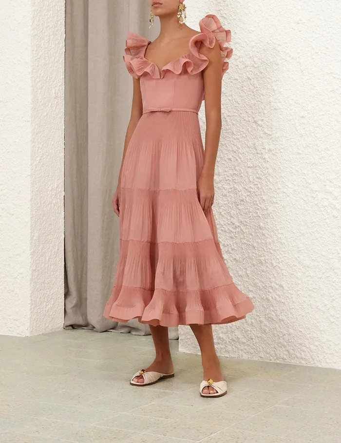 Women Clothing Zimmermann Pleated Frill Midi Dress Lipstick