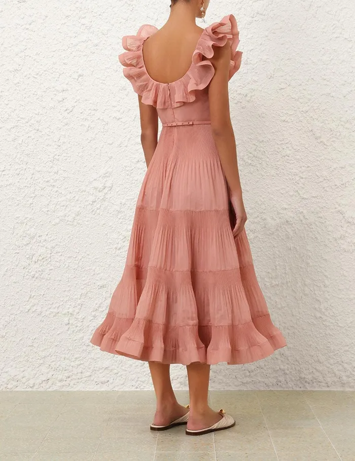 Women Clothing Zimmermann Pleated Frill Midi Dress Lipstick