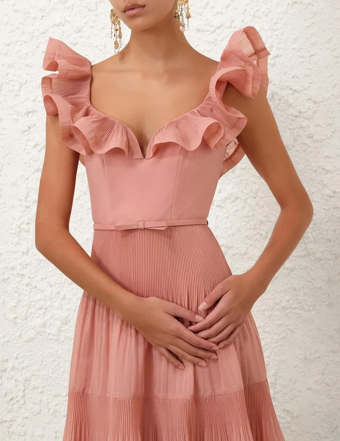 Women Clothing Zimmermann Pleated Frill Midi Dress Lipstick