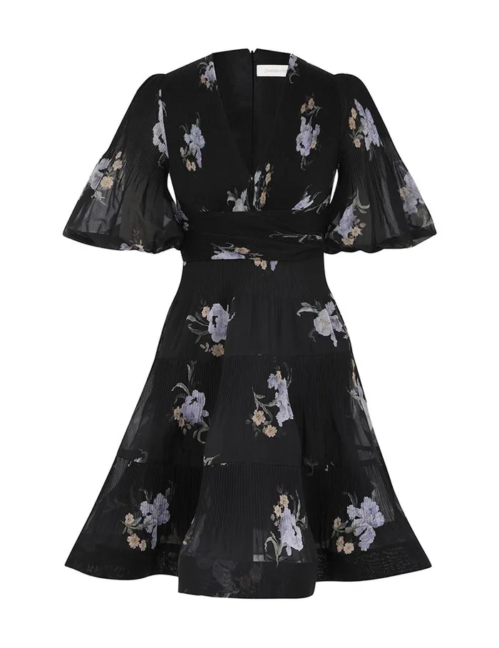 Women Clothing Zimmermann Pleated Mini Dress Black Iris Floral
