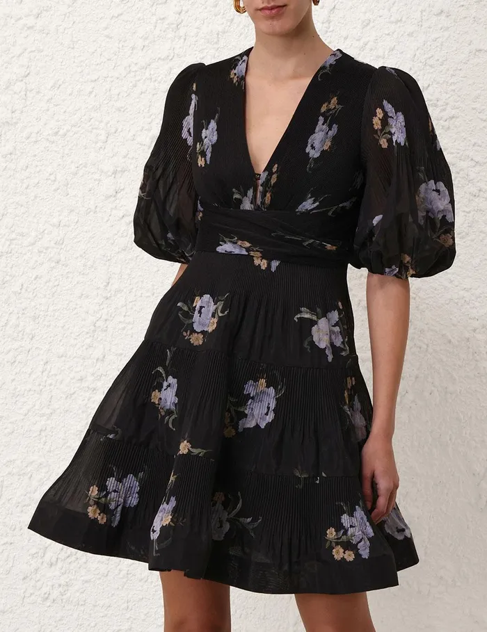 Women Clothing Zimmermann Pleated Mini Dress Black Iris Floral