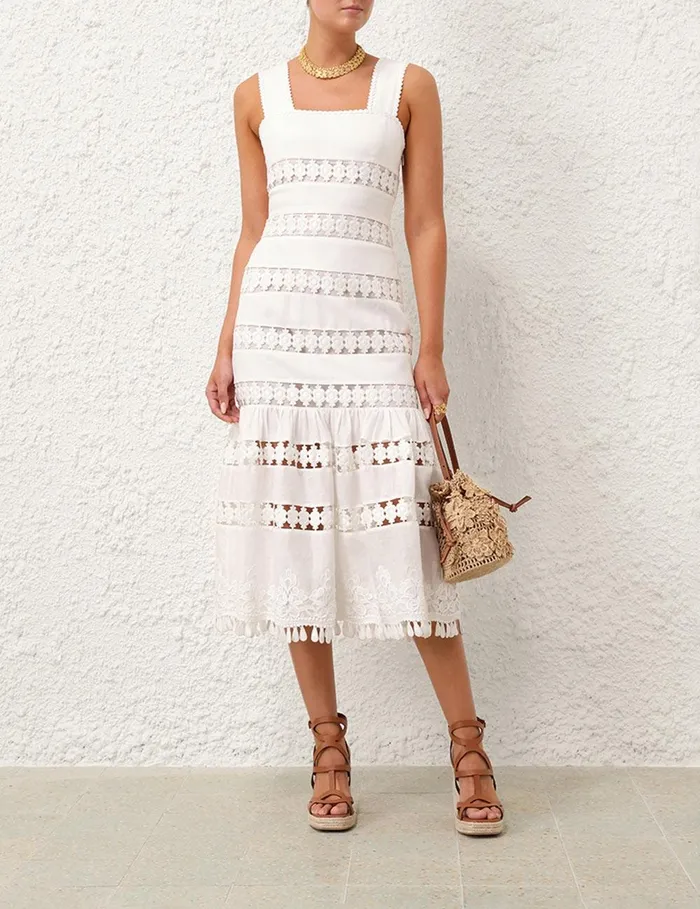 Women Clothing Zimmermann Pop Trimmed Midi Dress Ivory