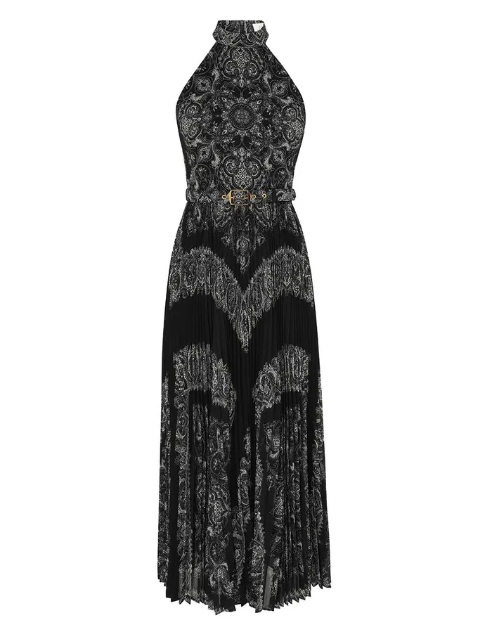 Women Clothing Zimmermann Sunray Halter Picnic Dress Black Paisley