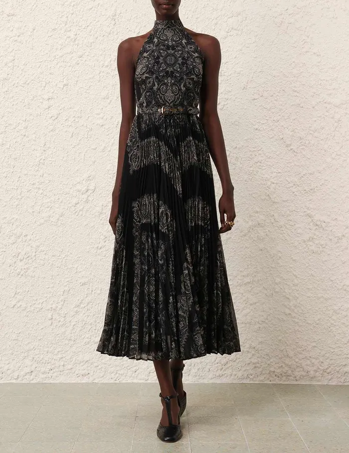 Women Clothing Zimmermann Sunray Halter Picnic Dress Black Paisley