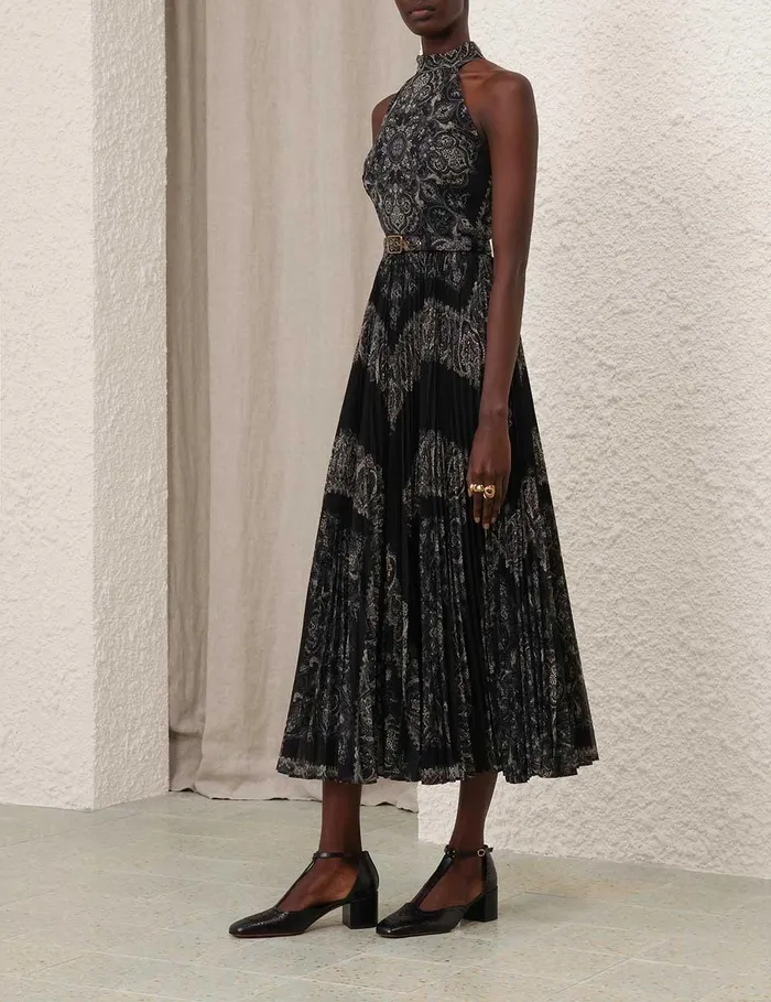 Women Clothing Zimmermann Sunray Halter Picnic Dress Black Paisley