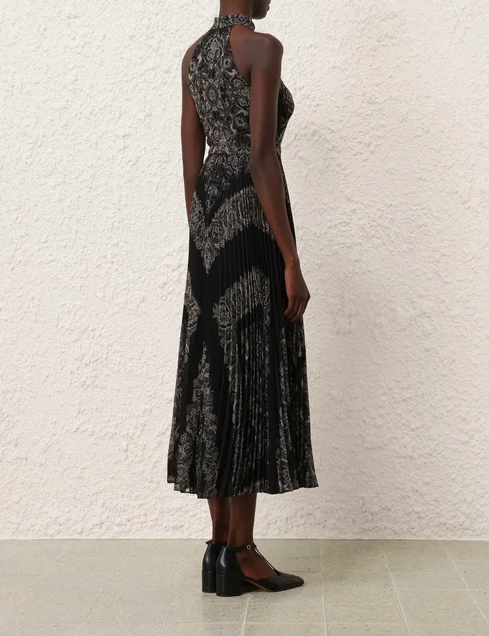 Women Clothing Zimmermann Sunray Halter Picnic Dress Black Paisley